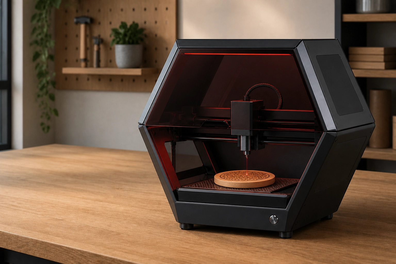 Concept illustration of the Spider engraver on a workshop bench